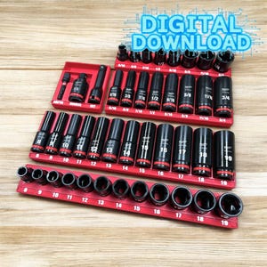 DIGITAL 3D print file compatible with Shockwave 3/8&quot; Drive Milwaukee 43-pc SAE/Metric Socket Set (Fits model # 49-66-7009) Horizontal Layout