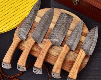 5 Pcs Handmade Damascus Kitchen knife Set, BBQ Knife Set, Chef knife, Anniversary gift, Gift for Him