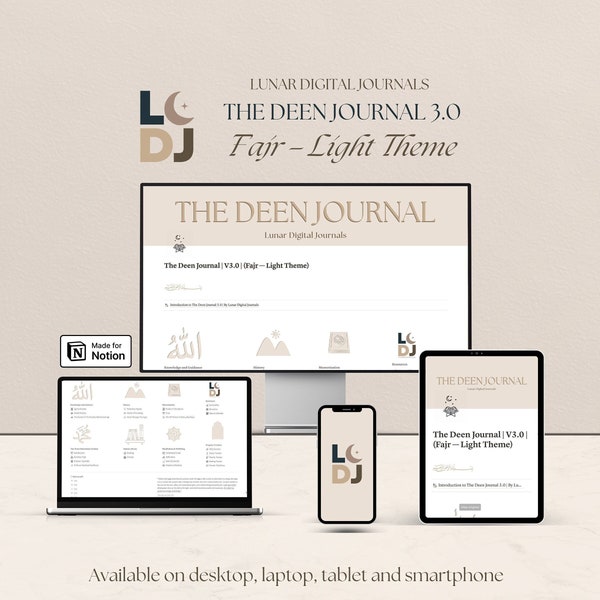 Le journal Deen | V3.0 | Fajr — Thème Lumière | Espace de travail/journal numérique islamique TOUT-EN-UN via Notion | Journaux numériques lunaires