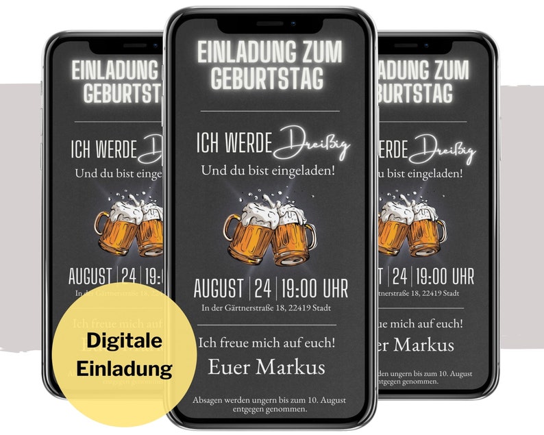 eCARD 18. 20. 30. 40. 50 Geburtstags Party Einladung Whatsapp I Einladung Geburtstag Text kurz I Digitale Einladung Geburtstag Bier animiert Bild 2