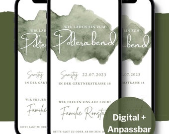 Digitale Einladung Polterabend Grün Aquarell, Polterabend Einladung zum versenden über Whatsapp, Ecard Polterabend Einladung Hochzeit