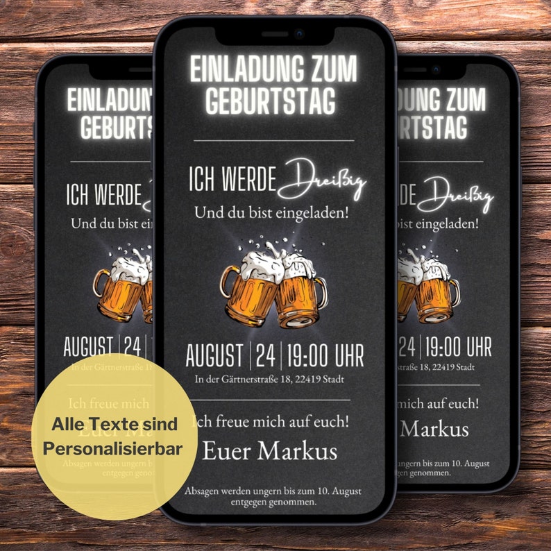 eCARD 18. 20. 30. 40. 50 Geburtstags Party Einladung Whatsapp I Einladung Geburtstag Text kurz I Digitale Einladung Geburtstag Bier animiert Bild 1