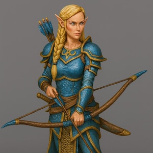 Puede incluir: Ilustración detallada de una arquera con armadura azul y dorada, sosteniendo un arco y una flecha. La arquera tiene pelo largo rubio y orejas puntiagudas, sugiriendo un tema de fantasía. La armadura tiene detalles dorados intrincados.