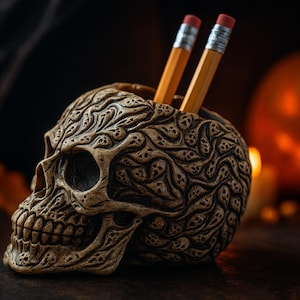 May include: A detailed, beige skull-shaped container with two pencils. The container has an intricate pattern and is set against a blurred background with a jack-o'-lantern and candles, creating a Halloween theme.