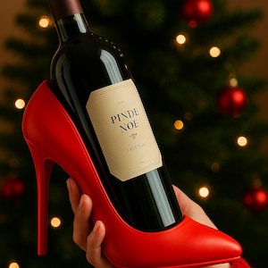 Puede incluir: Un zapato de tacón rojo sostiene una botella de vino oscuro. La botella tiene una etiqueta beige con el texto "PINDE NOE" y "SALUTUIC". El fondo presenta un árbol de Navidad con adornos rojos y luces bokeh.