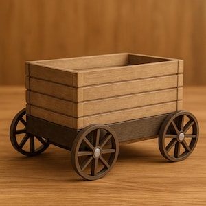 May include: A wooden decorative wagon with a rectangular box and four spoked wheels. The box is made of light brown horizontal planks, and the wheels and base are a darker brown. The wagon sits on a wooden surface.