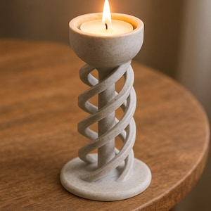 Puede incluir: Un portavelas gris con diseño en espiral y una vela encendida. La llama es brillante contra el fondo neutro. El portavelas está hecho de piedra moteada y mide aproximadamente 15 cm de altura.