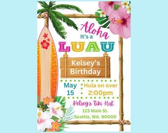 Hawaiian Luau Aloha Birthday Digital Invitation - Tropical Party Invite - Hawaiian Style Theme - Printable Luau Flyer - Instant Download