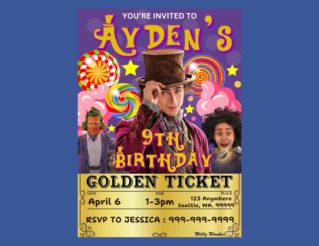 Willy Wonka Theme Party Invitation - Customize Golden Ticket Invite ...