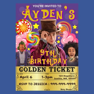 Puede incluir: Una invitación de cumpleaños morada y dorada para el 9º cumpleaños de Ayden. La invitación presenta una foto de un niño vestido como Willy Wonka, con un bastón de caramelo y un boleto dorado. El texto de la invitación dice "Estás invitado al 9º cumpleaños de Ayden, Boleto dorado, 6 de abril, 1-3pm, 123 Anywhere, Seattle, WA. 99999, RSVP a Jessica: 999-999-9999, Willy Wonka."