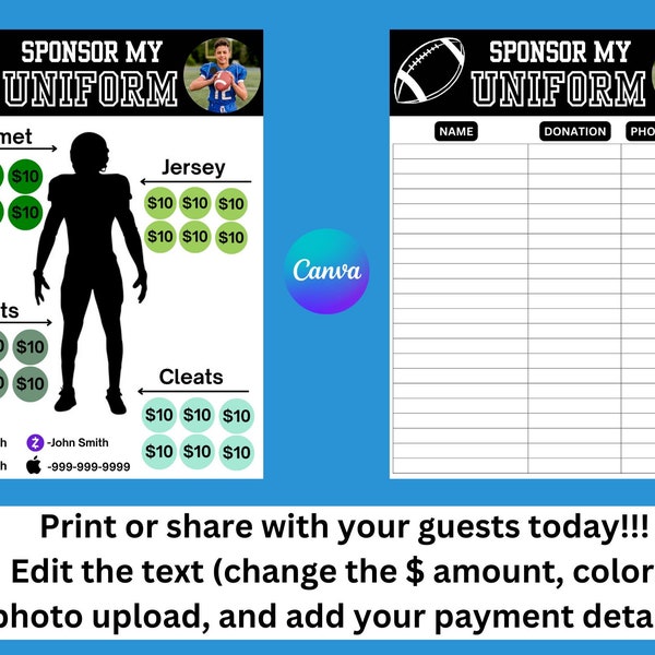 Personalized Football Fundraiser Template-Football Sponsor my Uniform Sheet-Youth Football Donation with Photo Upload-Pop Warner Sponsorship