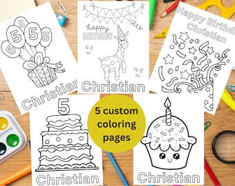 Páginas para colorear de cumpleaños personalizables para niños Actividad personalizada de fiesta de cumpleaños para niños, conjunto de 5 hojas para colorear de fiesta de cumpleaños Linda personalizada