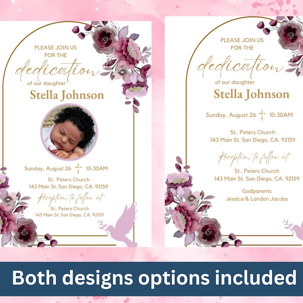 Baby Girl Dedication Digital Invitation - Photo upload option - Birth Announcement Invite - Editable Baby Christening Printable Flyer