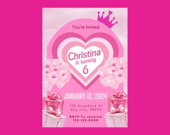 Barbie Pink Theme Birthday Party Invitation- Girls Digital invite - Printable kids Invitation - Modern Birthday Template Printable