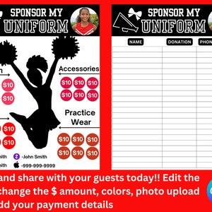 Personalisierte Cheer-Spendensammler-Vorlage – Cheer-Sponsor für meine Uniform – Jugend-Cheer-Spende mit Foto-Upload – Cheerleader-Sponsoring-Flyer