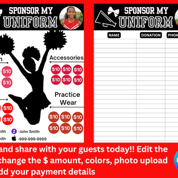 Personalized Cheer Fundraiser Template-Cheer Sponsor my Uniform Sheet-Youth Cheer Donation with Photo Upload-Cheerleader Sponsorship Flyer