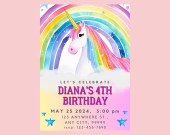 Invitación digital de la fiesta de cumpleaños del tema del unicornio mágico - Celebración del unicornio del arco iris - Invitación a la fiesta del unicornio - Invitación de mi pequeño pony
