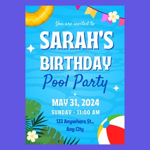 Personalized Summer Pool Party Digital Invitation - Pool Birthday Invite - Summer Birthday Instant Download - Splash Pool Editable Template