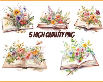 Watercolor book clipart, 5 high quality PNGs, reading clipart, bookworm scrapbooking, Instant download