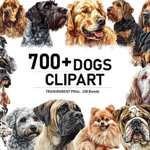 Pacchetto di clipart di cani, 700 disegni di clipart di cani ad acquerello, file PNG di razze di cani, illustrazioni digitali di cani carini, stampe di ritratti di cuccioli
