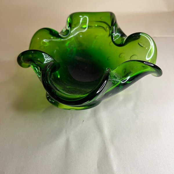 Vintage Murano Glass Suspended Bubbles Emerald Green Ashtray