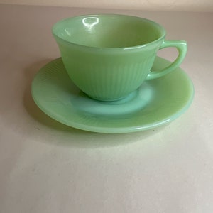 Vintage Mid Century Fire-King Jadeite Green Glass Jane Ray Pattern Cup and Saucer Set