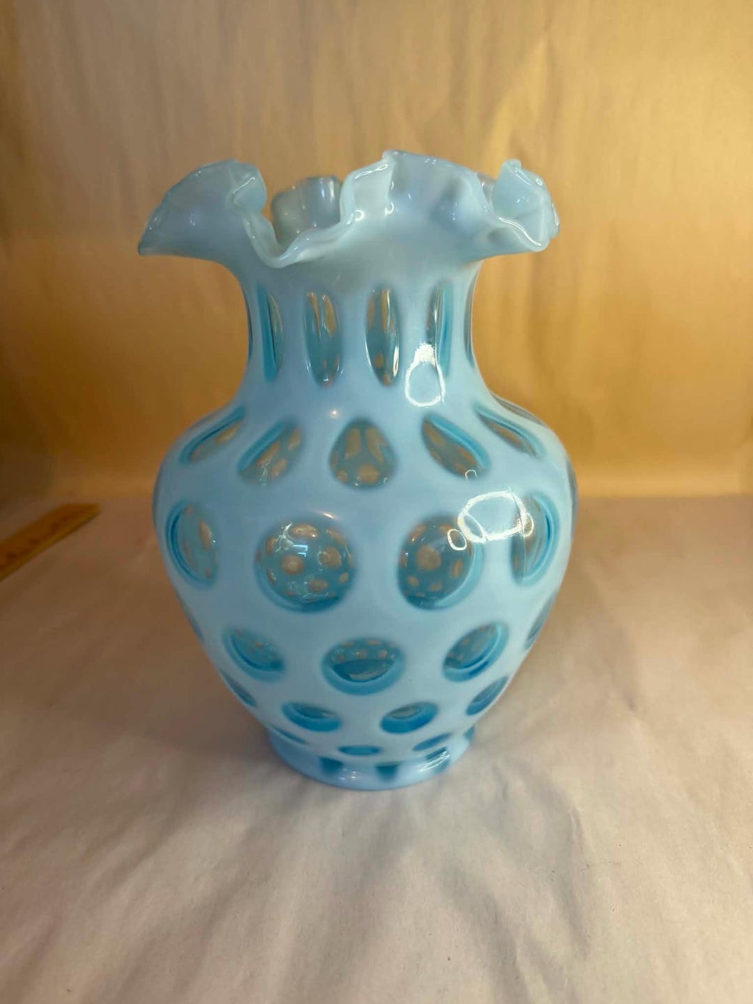 Vintage Fenton Art Glass Blue Opalescent Coin Dot Ruffled Vase - Etsy