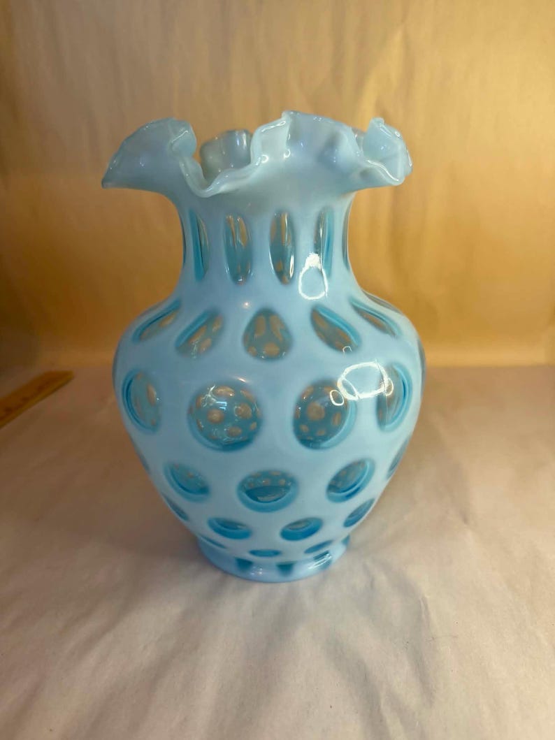 Vintage Fenton Art Glass Blue Opalescent Coin Dot Ruffled Vase - Etsy