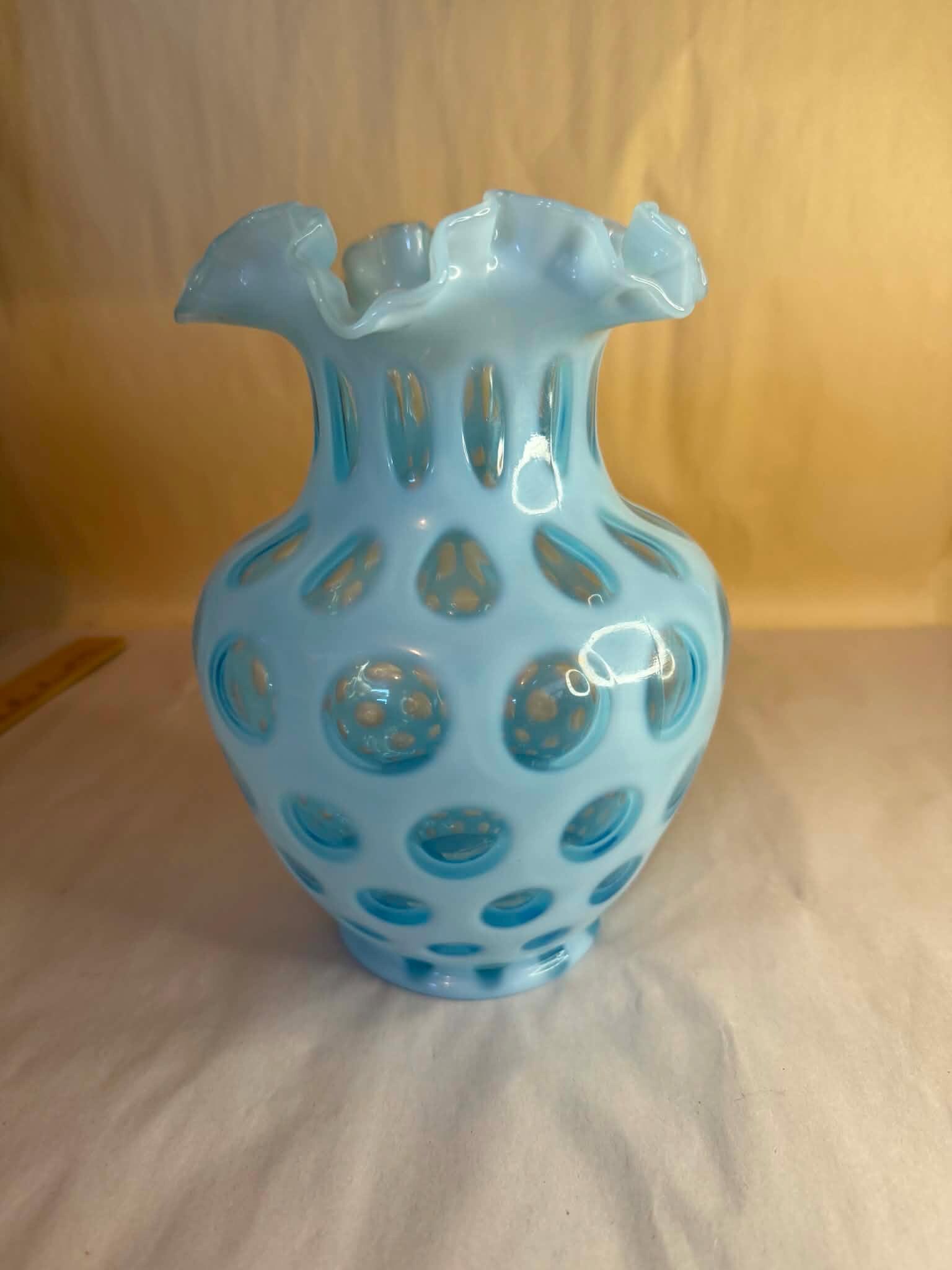 Vintage Fenton Art Glass Blue Opalescent Coin Dot Ruffled Vase - Etsy