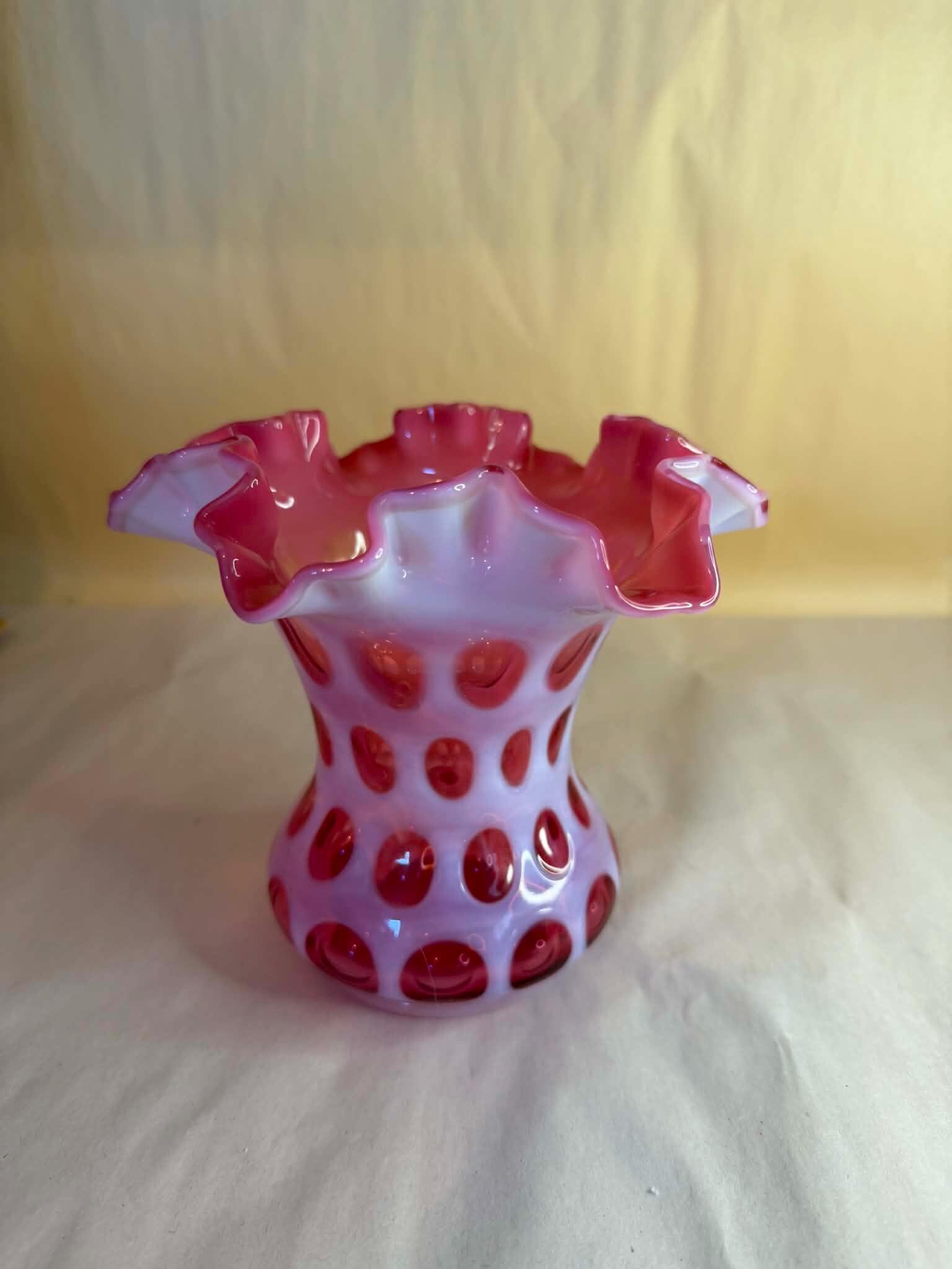 Vintage Fenton Art Glass Cranberry Opalescent Coin Dot Ruffled Vase - Etsy