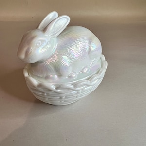 Milk Glass Carnival Bunny on Basket Candy Dish