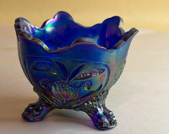 Vintage Imperial Blue Carnival Glass Footed Cracked Egg Candy Dish
