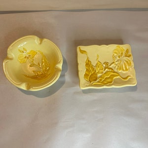 Set of 2 Vintage Haeger Yellow Floral 930 and 935 Trinket, ashtray, or soap dish