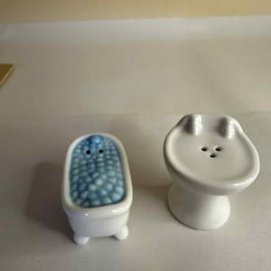 May include: A white ceramic salt and pepper shaker set. One shaker is shaped like a bathtub filled with blue bubbles, and the other is a toilet-shaped shaker with three holes on top.