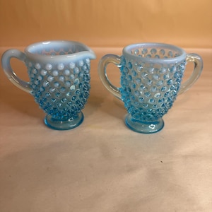 Fenton Blue Opalescent Hobnail Demitasse Cream and Sugar
