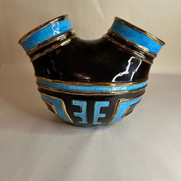Rare Egyptian Influenced Blue, Gold, and Black Speak Vase