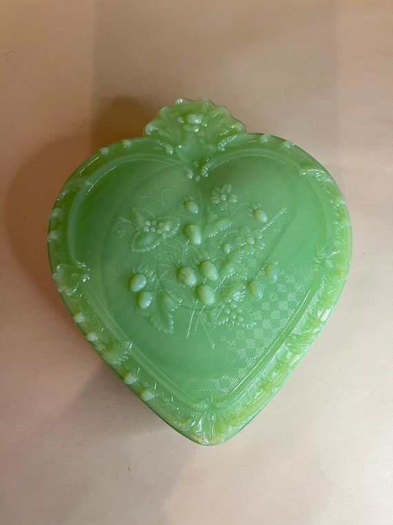 Jadite Large Strawberry Pattern Heart Box