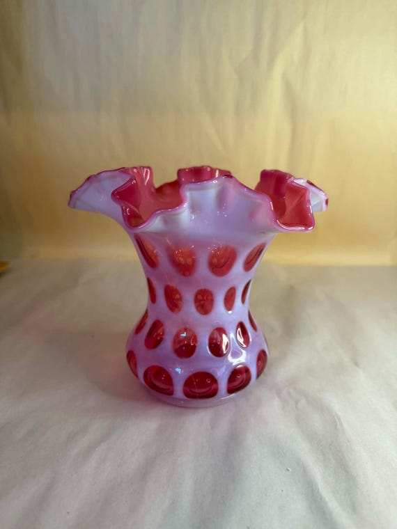 Vintage Fenton Art Glass Cranberry Opalescent Coin Dot Ruffled