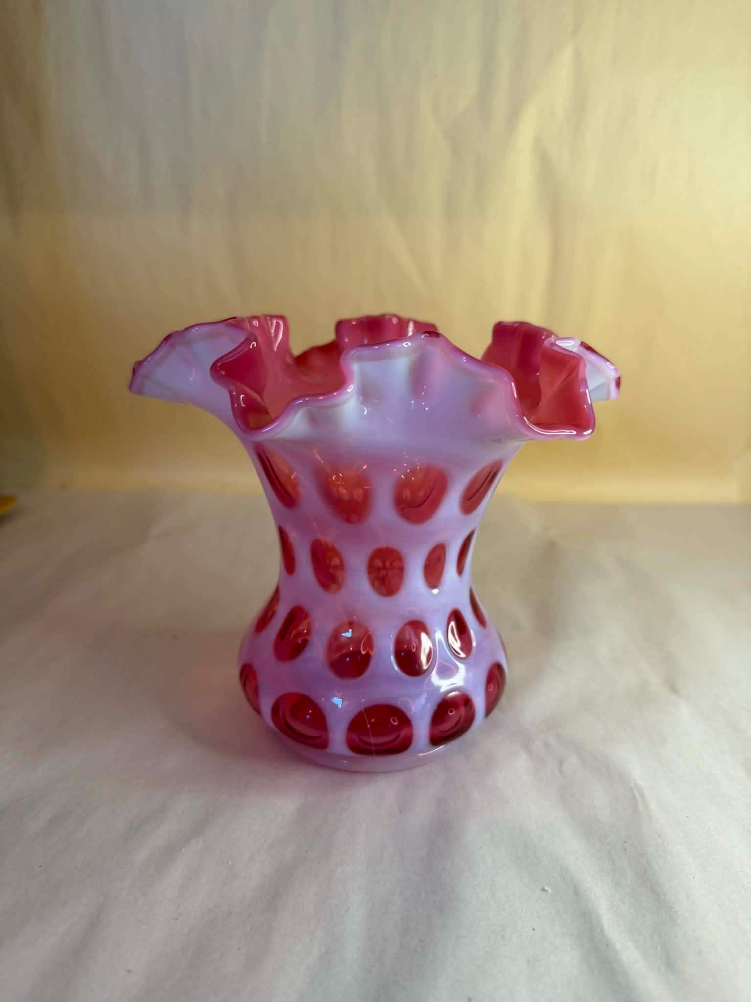 Vintage Fenton Art Glass Cranberry Opalescent Coin Dot Ruffled
