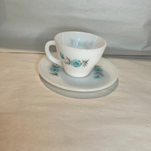 Vintage FireKing Bonnie Blue Flower Milk Glass Coffee Tea Cup with Saucer