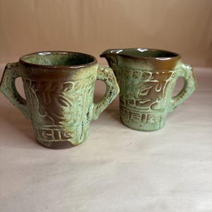 Vintage Frankoma Pottery Mayan Aztec Prairie Green Cream and Sugar Set