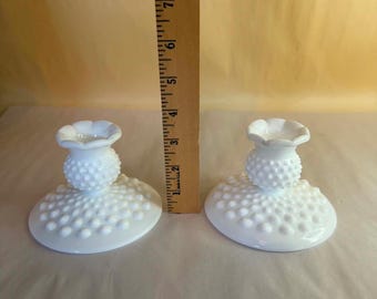 Vintage Fenton Hobnail Milk Glass Candlestick Pair