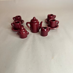 Vintage Burgundy Ceramic Dollhouse Miniature Tea Set
