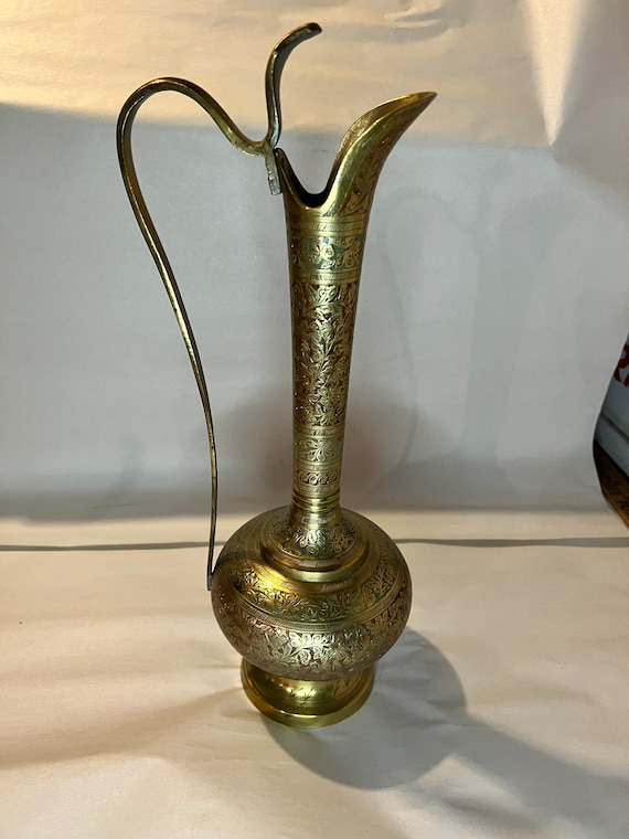 Beautiful Decorative Vintage Brass Pitcher With Handle Etched