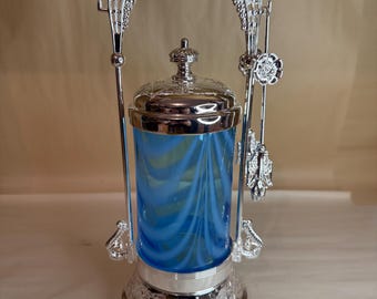 Fenton Blue Spooner/Pickle Caster Insert by Fenton with Metal Caster, Lid, and Tongs