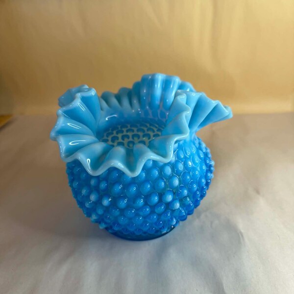 Vintage Fenton Blue Opalescent Hobnail Round Vase