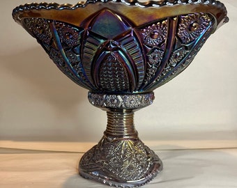 Indiana Carnival Glass 2 Pieces Amethyst Heirloom Sunset Series Punch Bowl