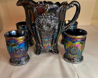 Mosser Amethyst Carnival Dahlia Pitcher Set W 4 Tumblers - Etsy