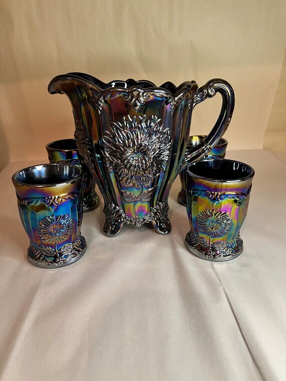 Mosser Amethyst Carnival Dahlia Pitcher Set W 4 Tumblers - Etsy