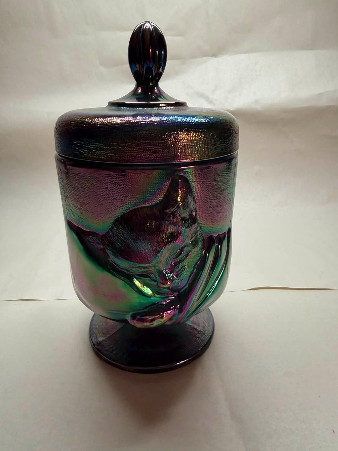 Vintage Fenton Chessie Cat Candy Jar Amethyst Iridescent Carnival